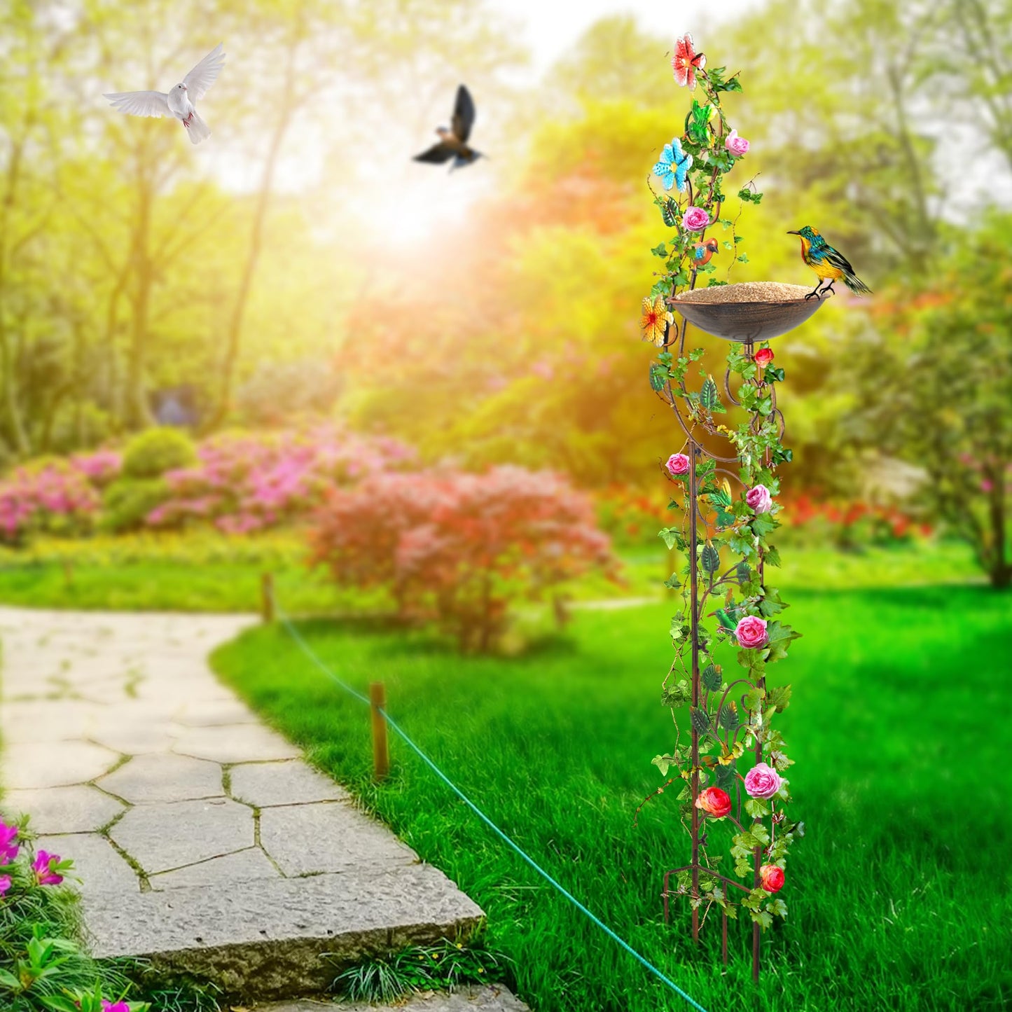 YADOOLIFE 57” Bird Bath with Garden Trellis for Climbing Plants Outdoor, Small Decorative Trellises Metal Birdbath Bird Baths, 1 Piece (Hummingbird)