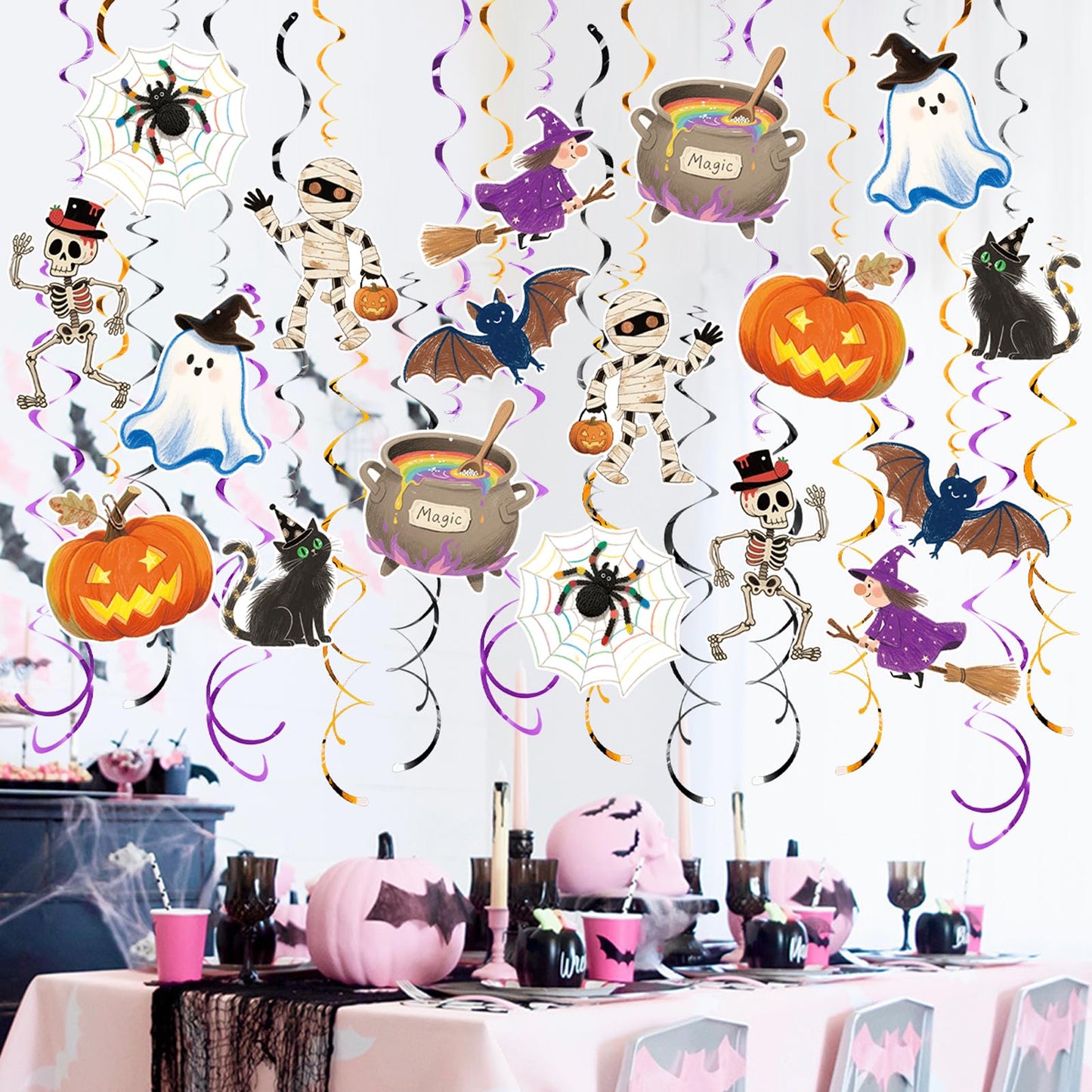 AimtoHome Halloween Hanging Party Decorations, 48 Pcs,Ceiling Decor Indoor Swirl Witches Cauldron Ghost Pumpkin Skull Cat Witch Party Supplies Sign,Black Purple Orange
