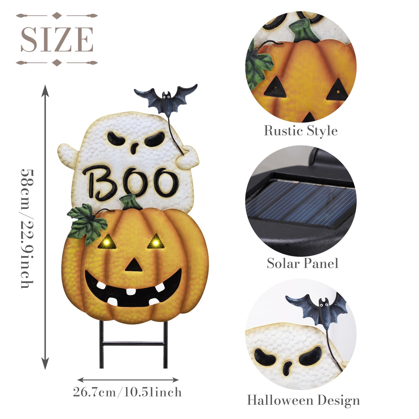 TERESA'S COLLECTIONS Metal Halloween Yard Stakes, Halloween Decorations for Outdoor with Ghost Pumpkins Solar Light, Stacked Jack-o-Lantern Garde Stakes Decor for Pathway Patio Party, 25"