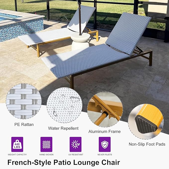 PURPLE LEAF Patio Chaise Lounge French Outdoor Lounger 1 Piece Wood-Grain