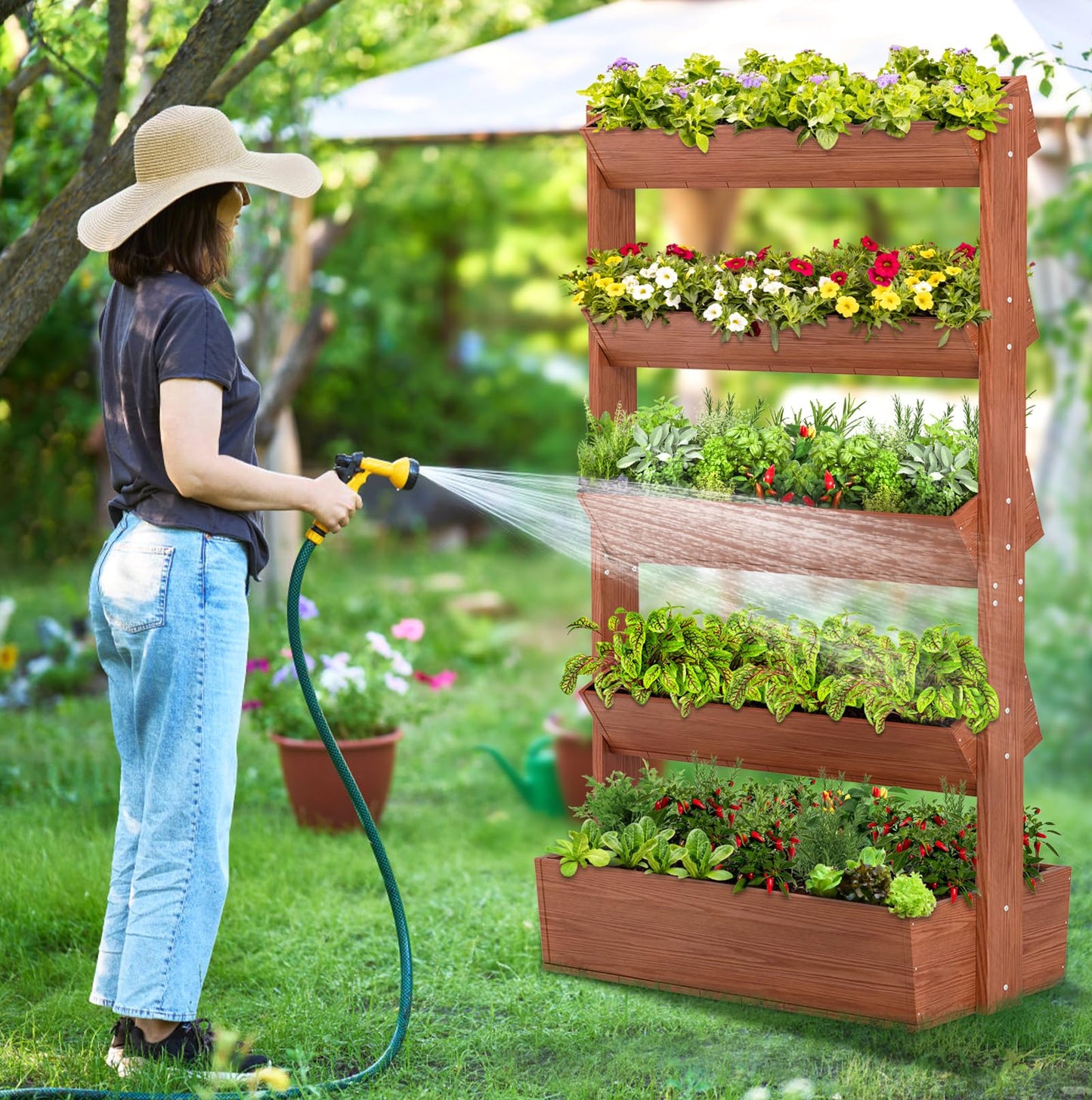 UrGROWA Wooden Vertical Raised Garden Bed, 5 Tier Garden Planters Raised Beds Freestanding Plant Stand Flower Rack Wooden Planter Box for Plants Herbs Flowers Vegetables Outdoor Indoor Gardening