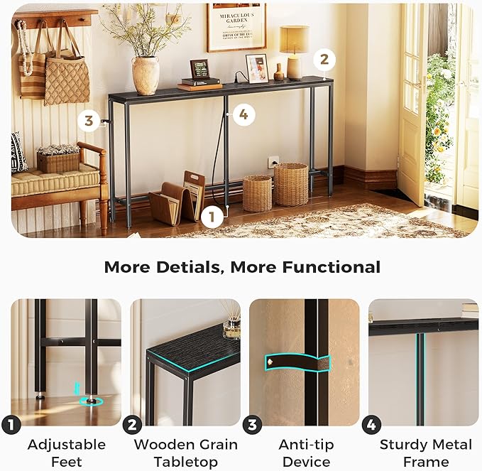 SUPERJARE Console Table with Outlet, 63 Inch Sofa Table with Charging Station