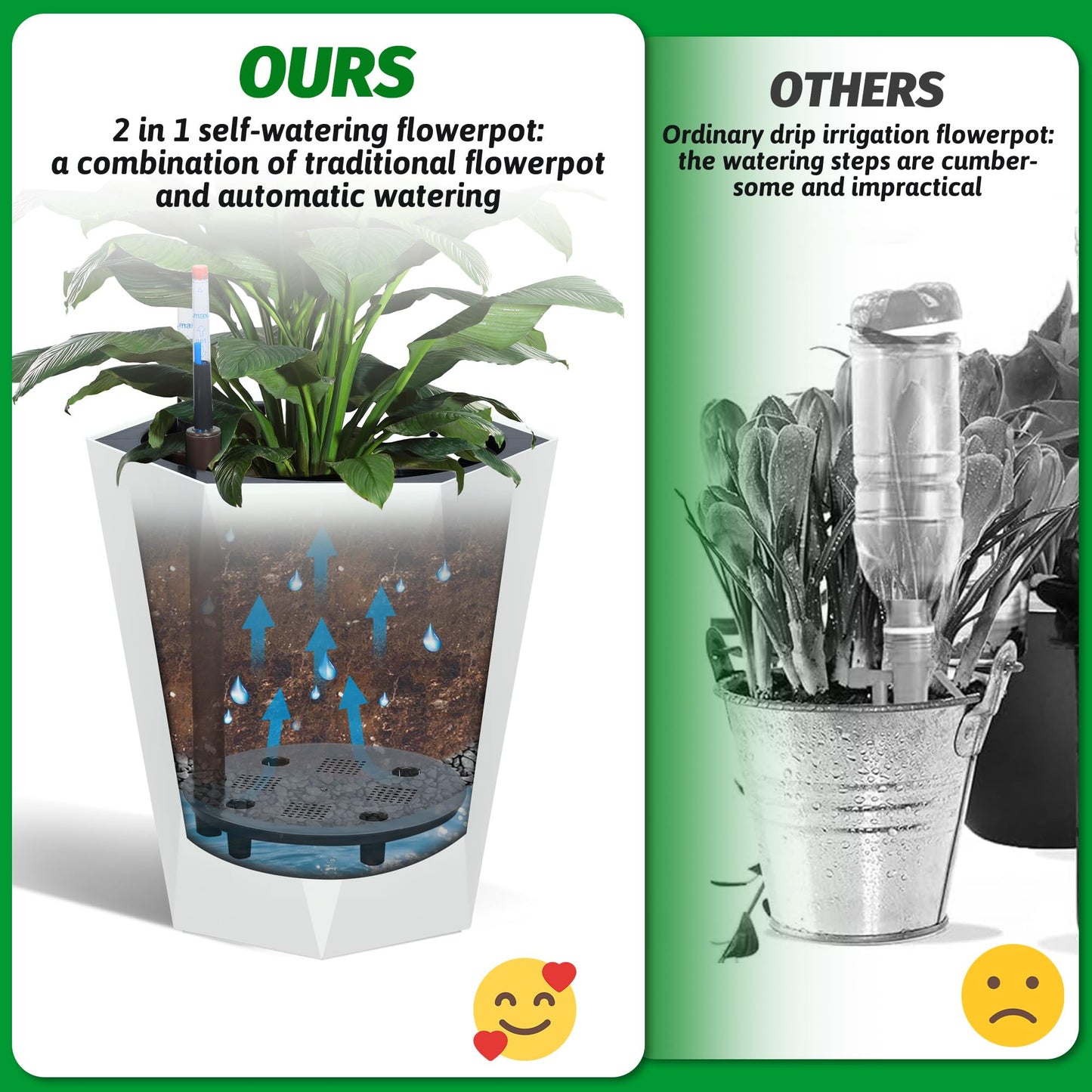 GarveeLife 16 Inch Tall Planters Set of 2, Outdoor Planters Self Watering Plant Pots with Water Level Monitor, Multiple Drainage Holes, Flower Pots for Patio, Porch, Living Room, or Home Office, White