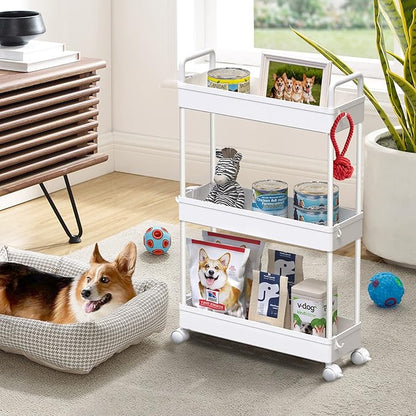 SOLEJAZZ Slim Rolling Storage Cart with Wheels 3 Tier Skinny Bathroom Storage Organizer Thin Laundry Room Utility Cart Space-Saving for Bedside Kitchen Office Small Narrow Places, White