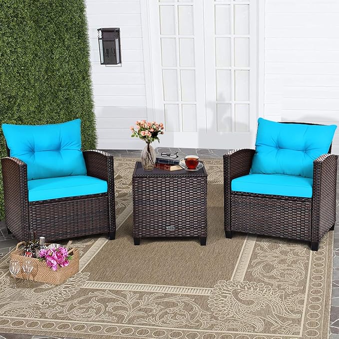 COSTWAY 3PCS Patio Furniture Set, PE Rattan Wicker Sofa w/Washable Cushion and