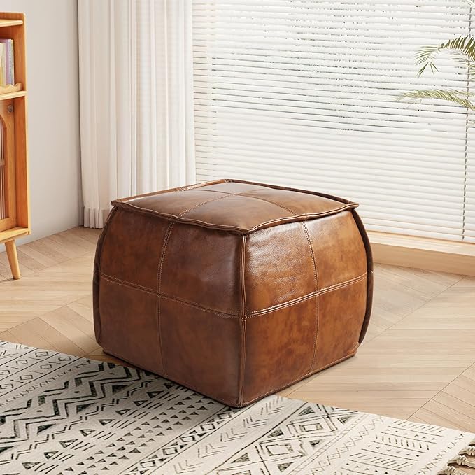 Leather Ottoman, Handmade Stuffed Square Ottoman, Genuine Leather Pouf