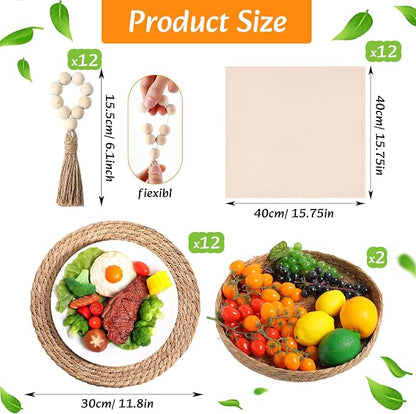 12 Sets Boho Decoration Placemats Round Woven Placemats, Cloth Napkins, Wood Bead Napkin Rings, Long Table Runner and Farmhouse Burlap Cotton for Table Kitchen (White,12x72)