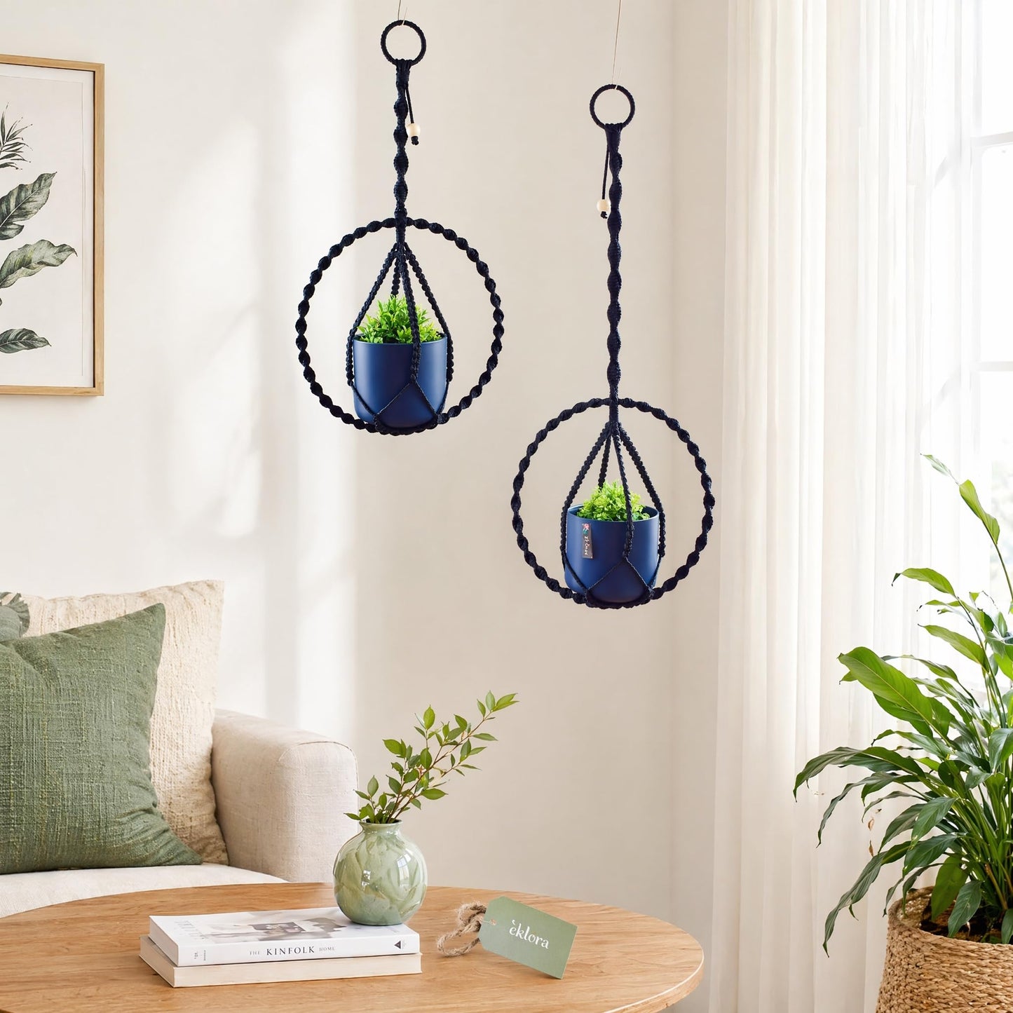 Macravine 2-Pack Indoor Plant Holder, Macrame Hanging Planter for Home Decoration, Boho Plant Hanger by Window, 2 Sizes: 11.8" X23.6“, 11.8“ X31.5” Black(No Pot and Plant Included)