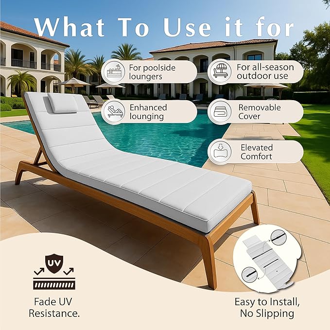 Quilted Chaise Lounge Outdoor Patio Furniture Cushions | Water-Resistant Patio