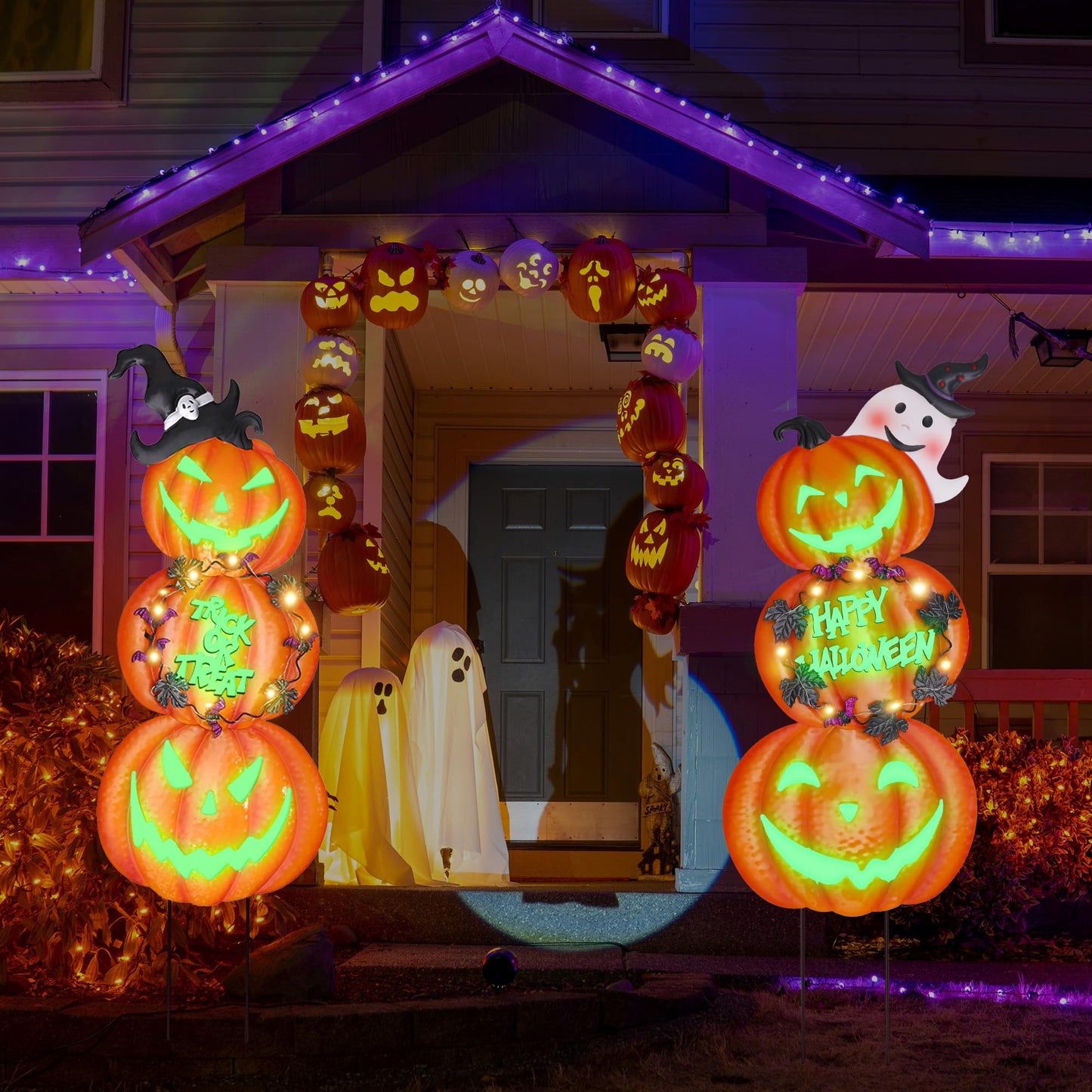 Fovths 6 Pieces 38.2 Inch Metal Halloween Pumpkins Yard Signs with Stakes Waterproof Solar String Lights Pumpkin Ghost Witches Hat Stakes for Halloween Theme Party Outdoor Garden Lawn Decor