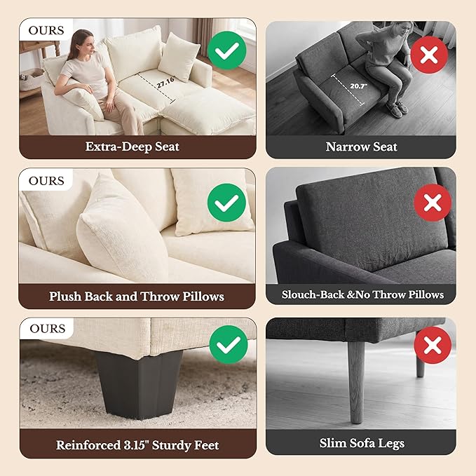 Loveseat Sofa with Ottoman, Cloud 3-Layer Cushion & 27" Deep Seat Modern Small