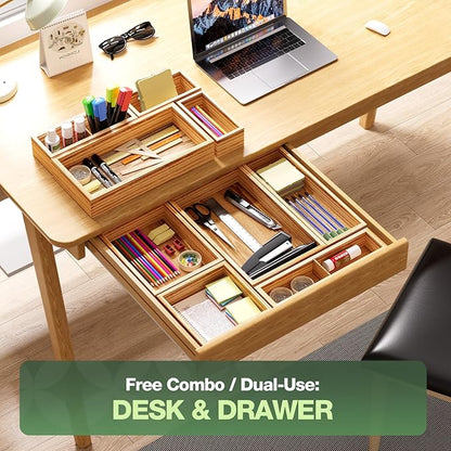 9-Pack Solid Wood Drawer Organizer, Modular Junk Drawer Organizer with Non-Slip Pad, Multi-Use Storage for Kitchen Office Bedroom Dresser for Utensil Stationery Makeup Stationery Tea & Coffee Pod