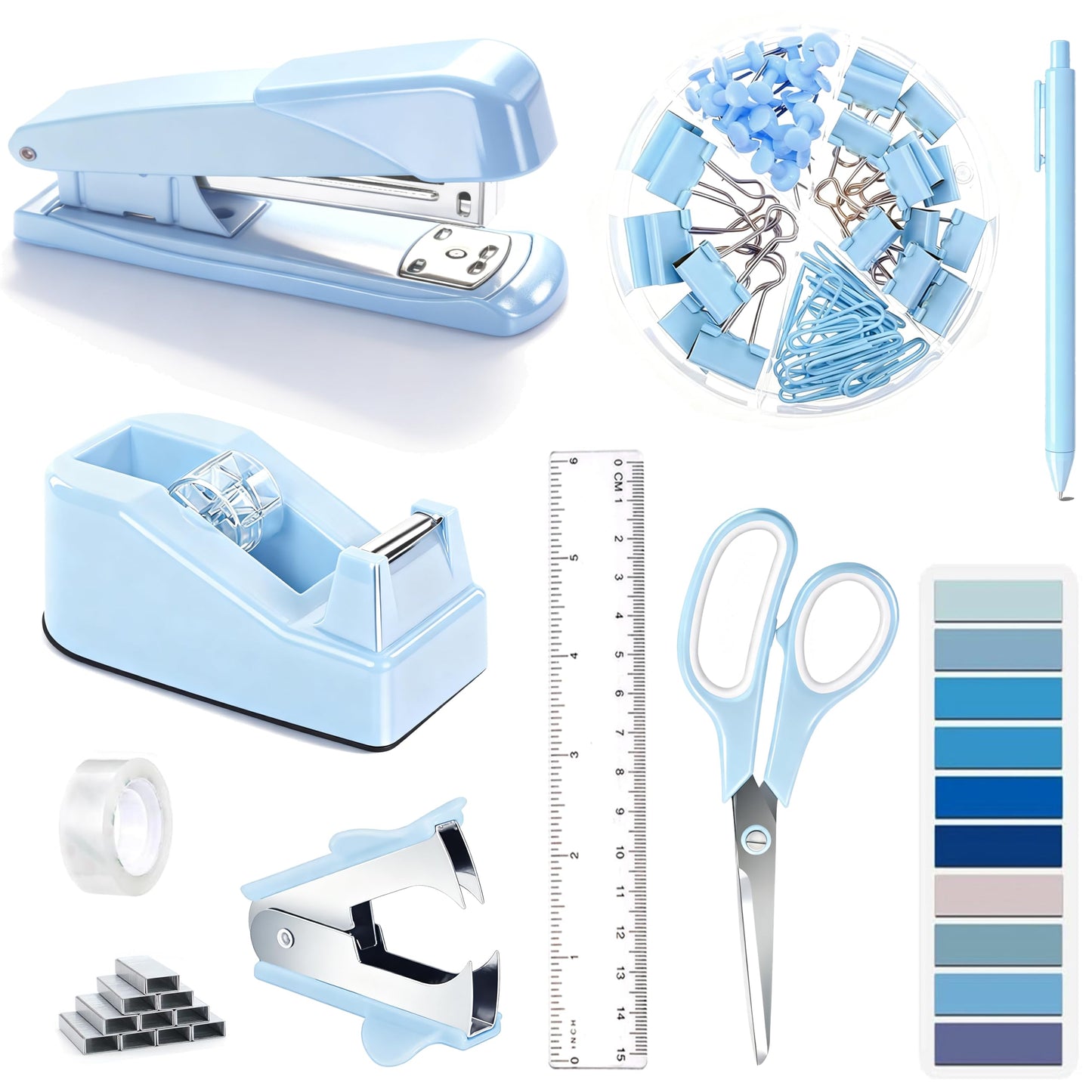 Dimonluce Blue Desk Accessories, Blue Office Supplies Accessories with Tape Dispenser, Stapler, Staple Remover, 1000 Staples, Tape, Clips Set, Ruler, Scissor, Pen