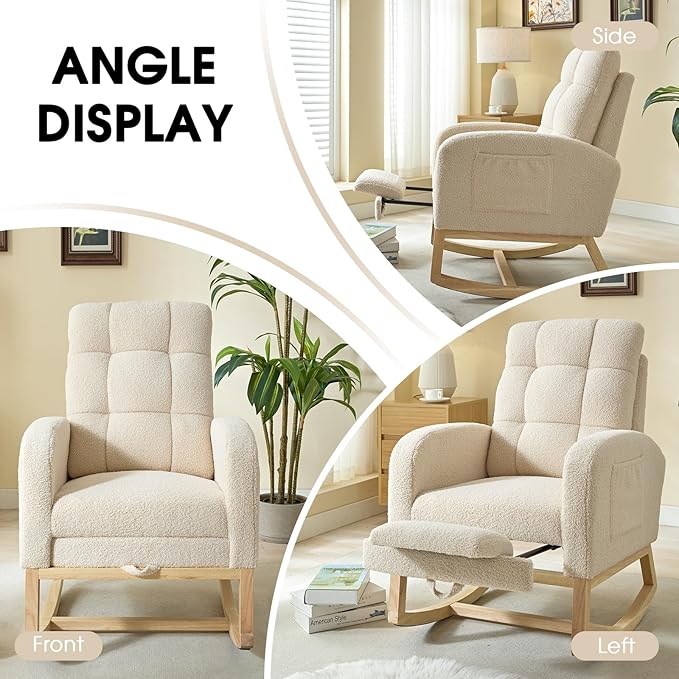 NIOIIKIT Modern Nursery Rocking Chair, Teddy Upholstered Rocking Chair