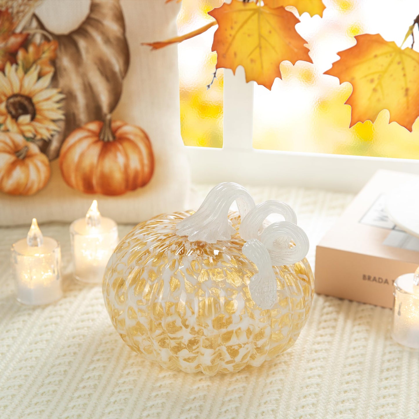 Glitzhome Hand Blown Glass Pumpkin Decor 5" Amber - Artisan Fall Harvest Thanksgiving Table Centerpiece Halloween Home Decor