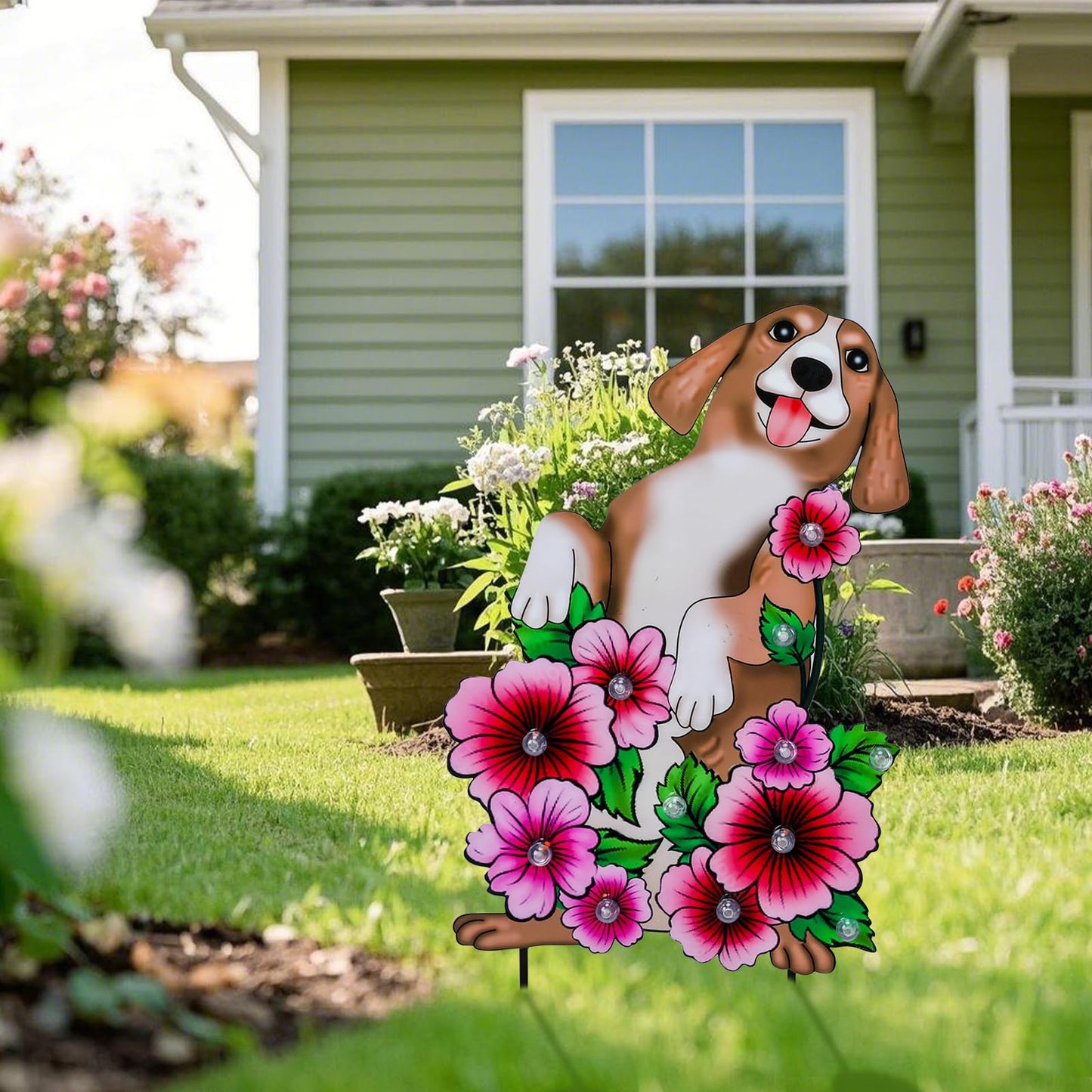 WONDER GARDEN Decorative Garden Stakes - Lighted Dog and Flower Yard Sign Stakes Spring Signs for Outdoor, Porch, Yard,Flower Bed Decor (Battery Operated)