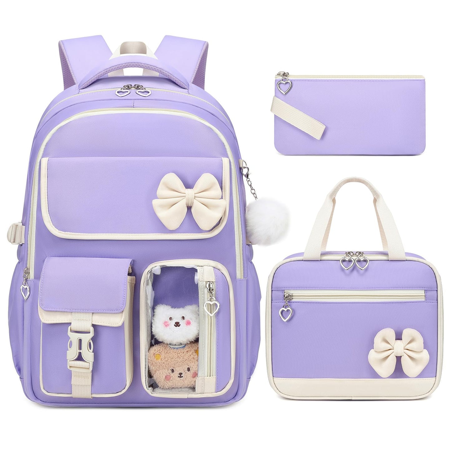 GeeWin Girls Backpack for School with Lunch Box & Pencil Case Set, 17 Inch Waterproof Cute Bow Girls Bookbag for Kids, Teens, Elementary Middle High College School Student (Purple/Beige)