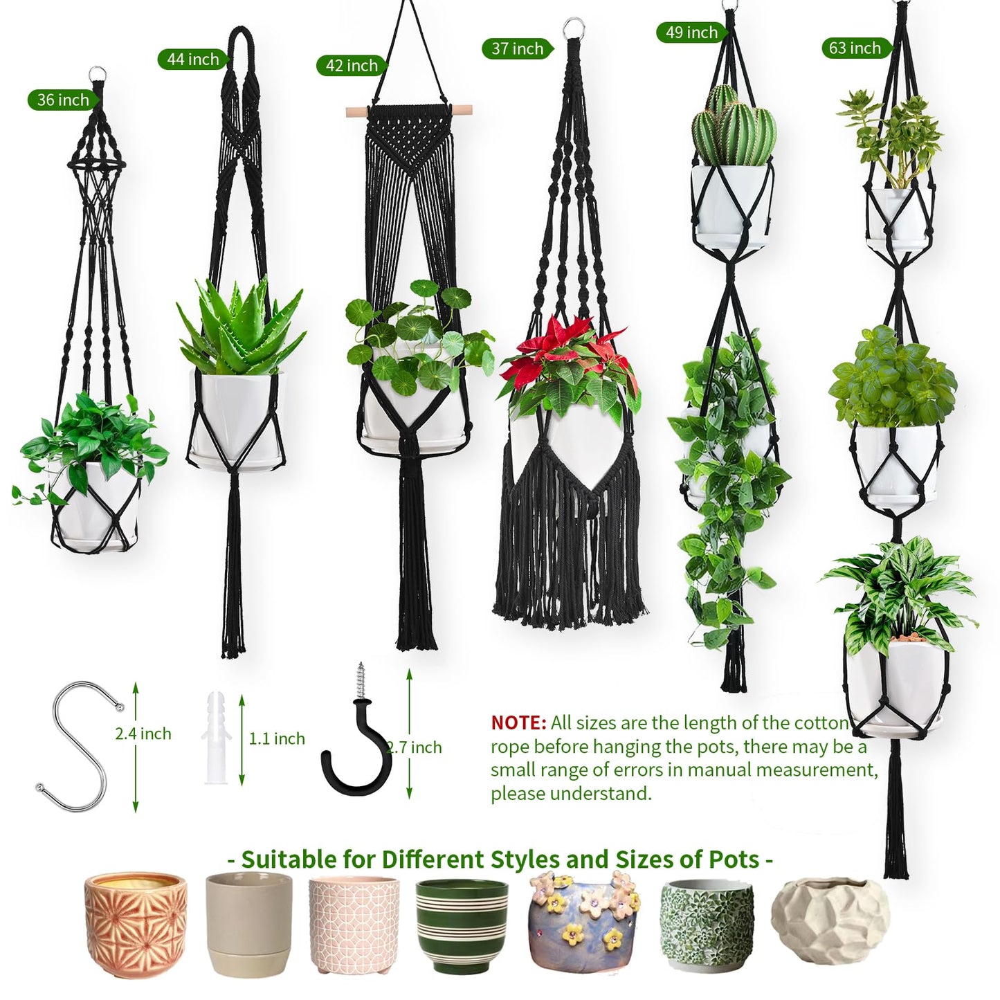 Macrame Plant Hangers, 6Pack Hanging Plant Holders Indoor w/ 6 Set Hooks Handmade Cotton Rope Plant Hangers Set Flower Pots Holder Stand Boho Home Decor Hanging Planters for Indoor Outdoor Plants