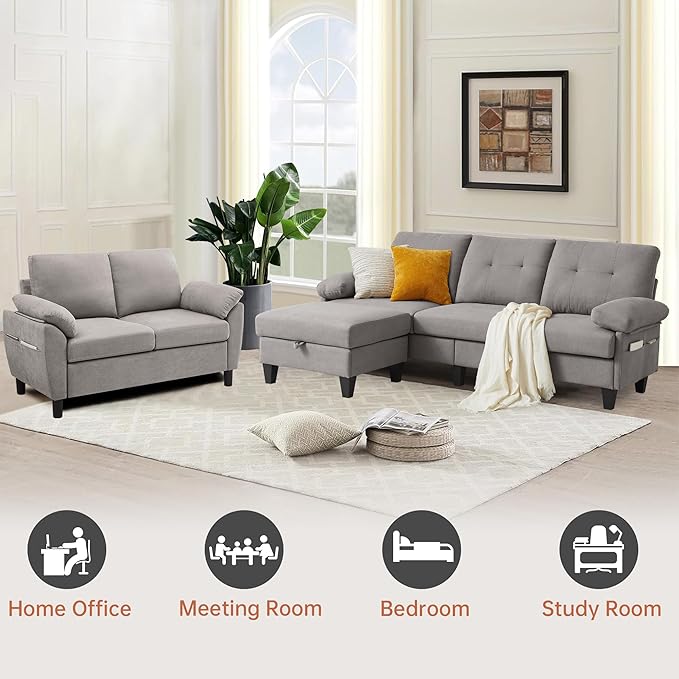 84" Convertible Sectional Sofa Set, 3 Seat L Shaped Couch