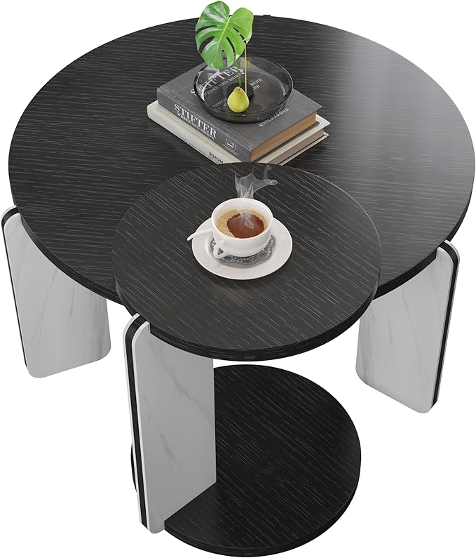 GDFStudio Round Nesting Coffee Table Set of 2, Modern Wooden Accent Side Table
