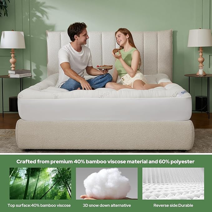 BEDLORE Queen Mattress Topper Viscose Derived from Bamboo, Thick Pillow Top