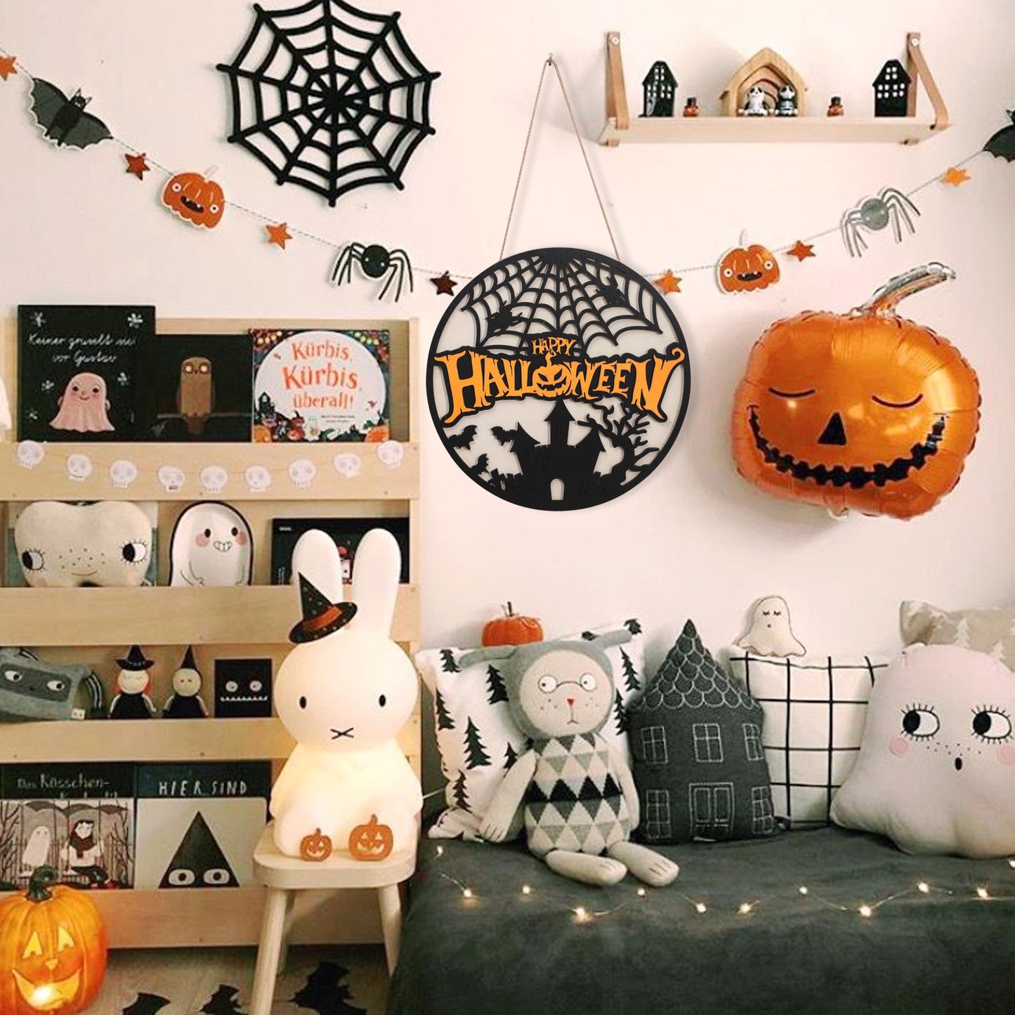 Happy Halloween Wooden Hanging Sign - Halloween Party Decorations, Halloween Ghost Door Sign, Halloween Garland, Wooden Wreath Indoor Wall Hanging Decorations (Happy Halloween Wreath)
