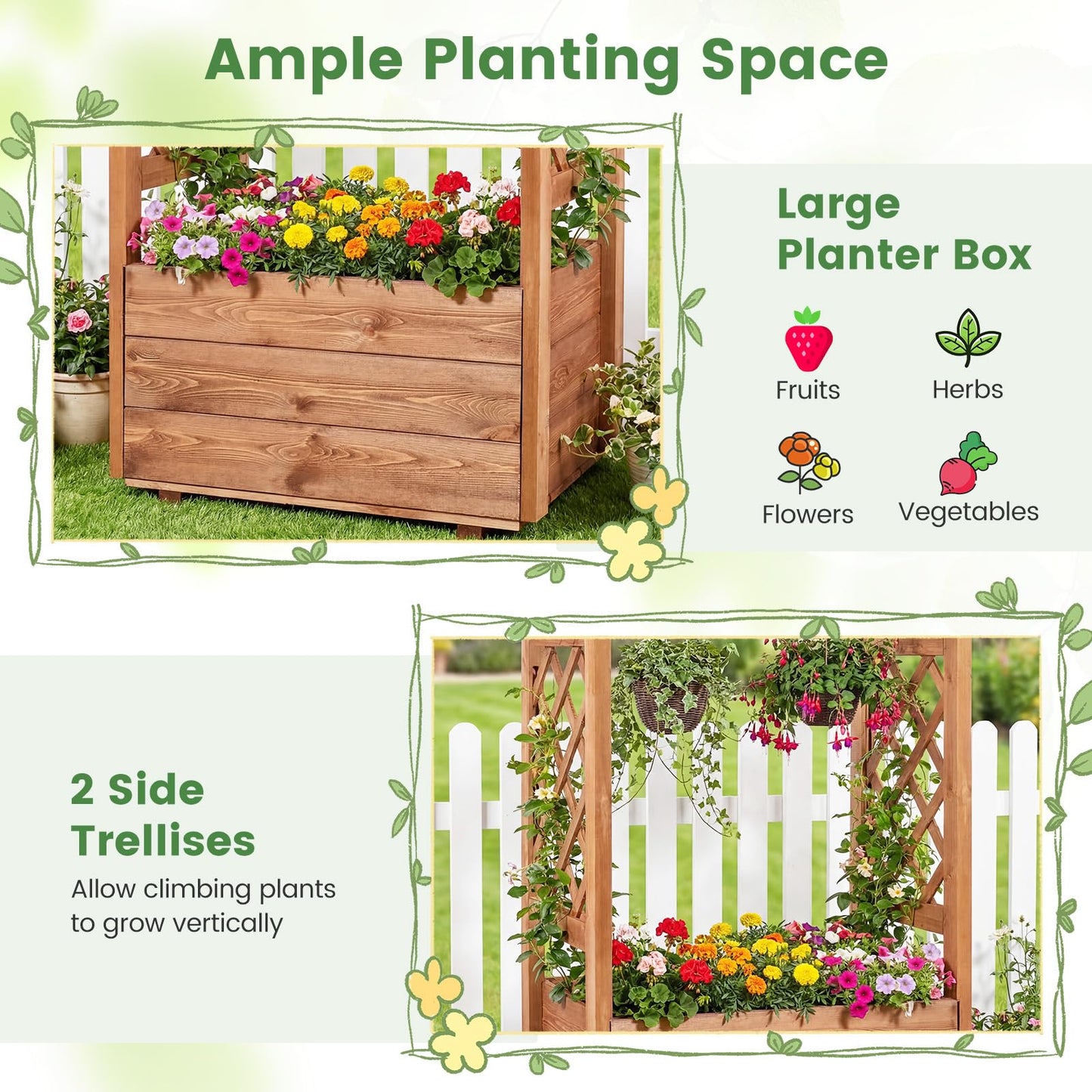 Giantex Raised Garden Bed with Sided Trellis & Roof Set 2, 31”x16”x41” Wood Elevated Planter Box, Freestanding Garden Planter Raised Bed for Flowers Herbs Climbing Vines,Brown