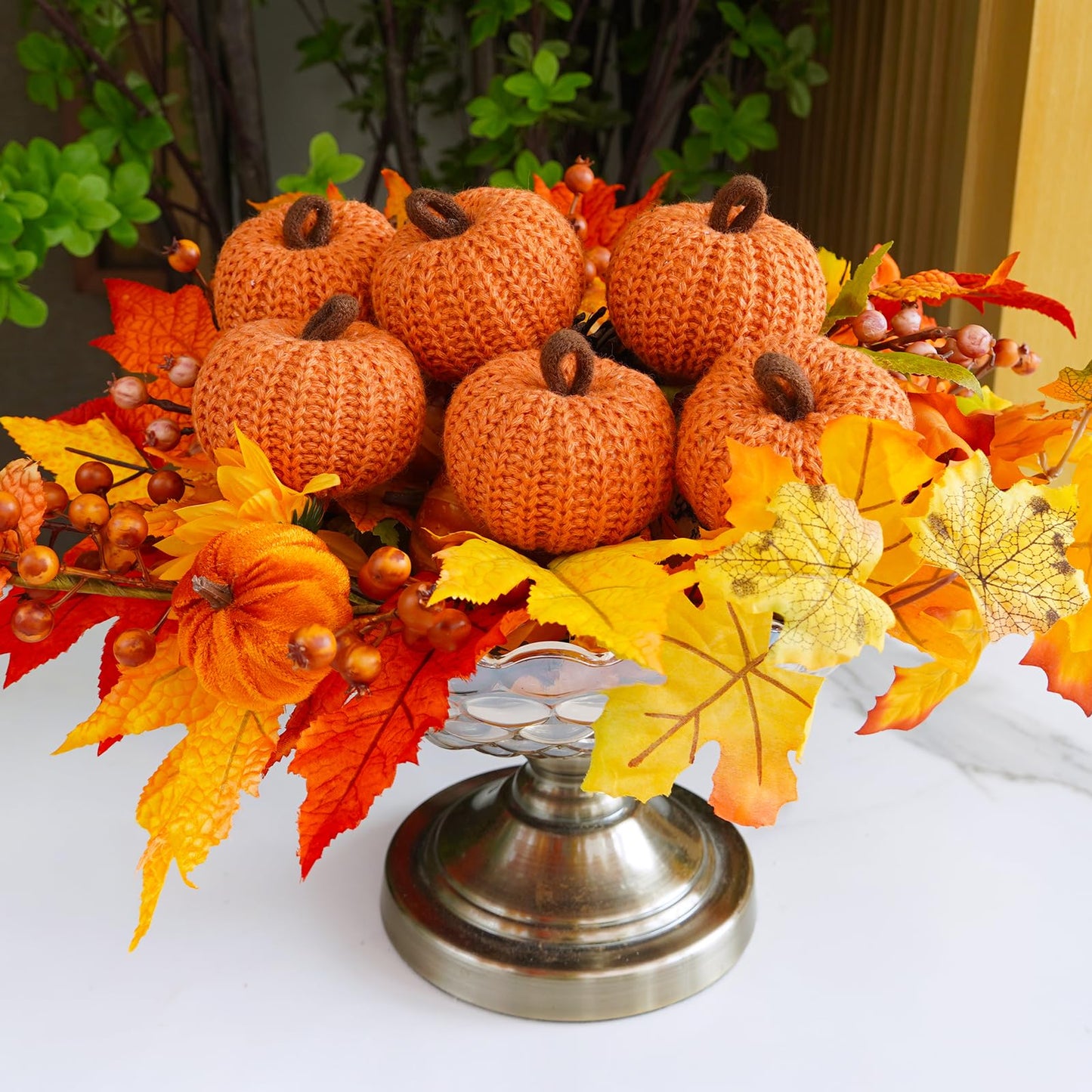 Winlyn Set of 6 Faux Fall Orange Crochet Pumpkins - Small Knit Foam Pumpkins for Rustic Farmhouse Decor, Harvest, Thanksgiving, Halloween, Autumn Table, Bowl, Tiered Tray, Mantel