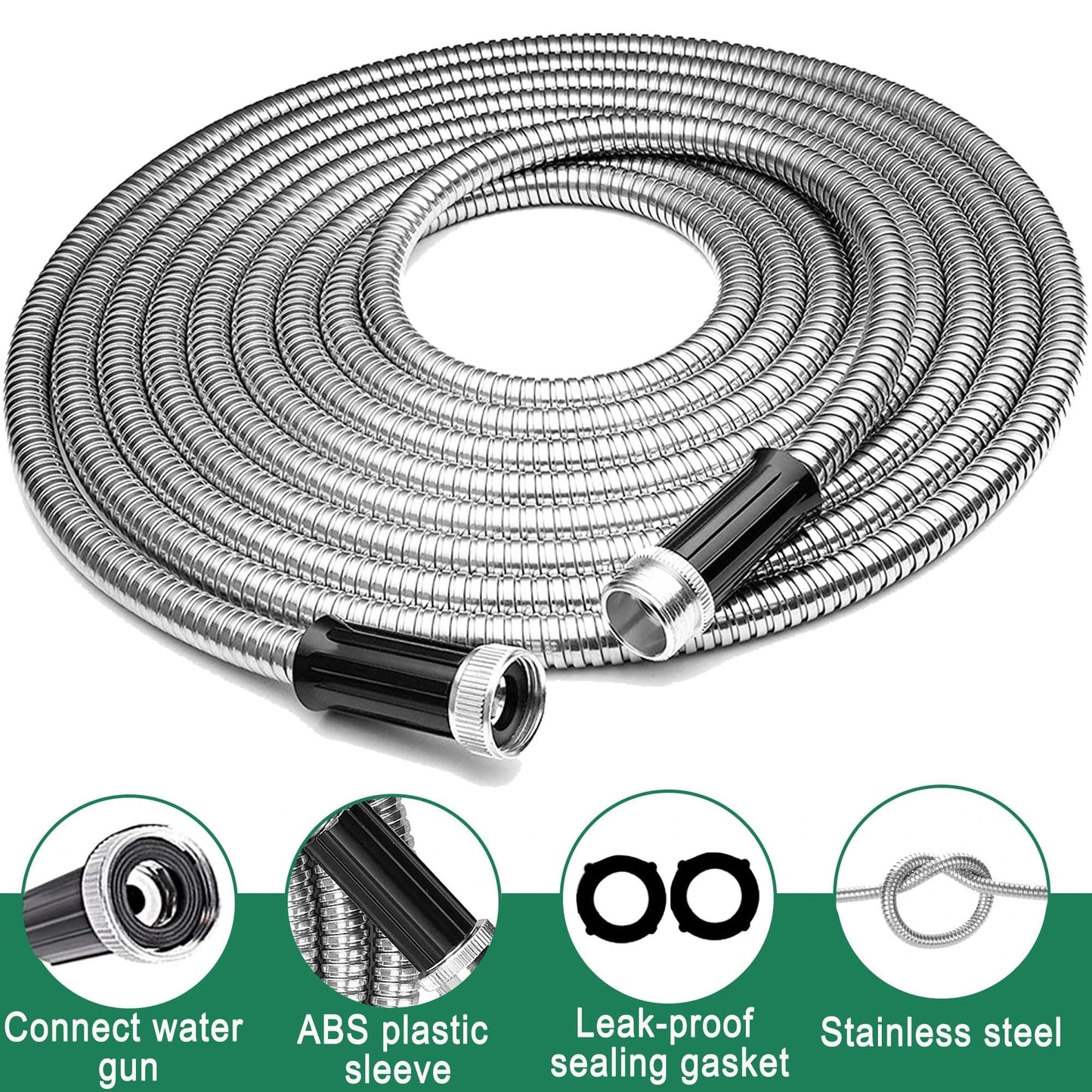 50ft Stainless Steel Garden Hose with 2 Nozzle Flexible Water Hose Lightweight Portable Tangle Free Metal Pipe for Patio Lawn Outdoor Heavy Duty Watering Water Pipe
