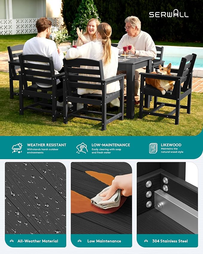 SERWALL HDPE Dining Set for 6: 1 Umbrella Hole Table, 4 Armless + 2 Armchairs.