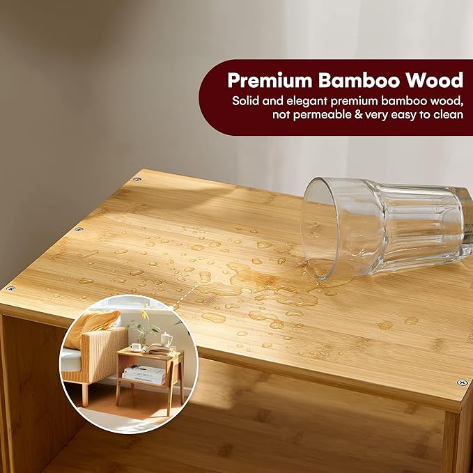 Vdomus Bamboo Stackable Nightstand Set of 2- Natural Wood Matching Side Table