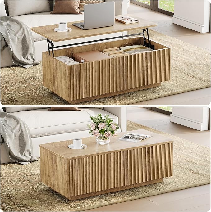 FABATO Mid Century Modern Coffee Table, Wooden Fluted Center Table