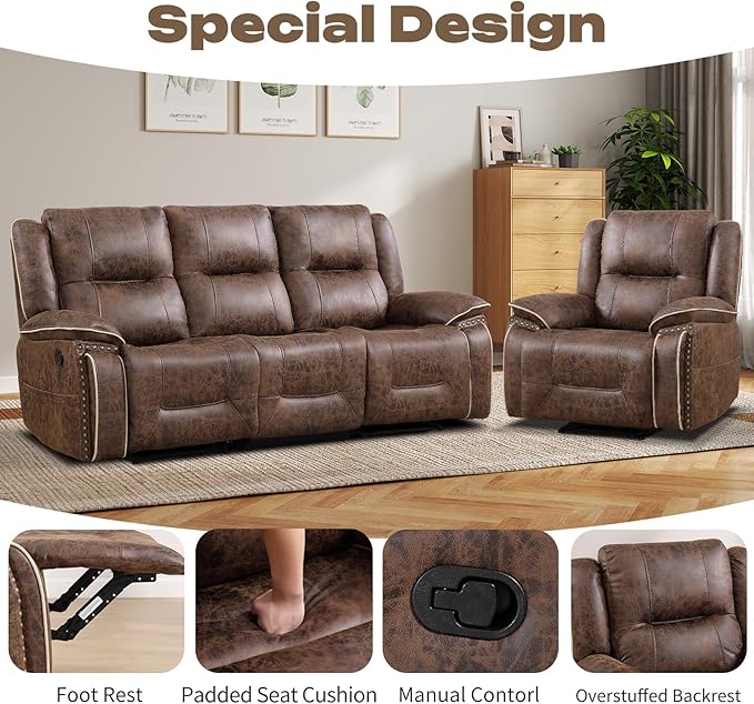 EBELLO Faux Leather Manual Recliner Sofa Set, 1 Seat Reclining Chair and a 3
