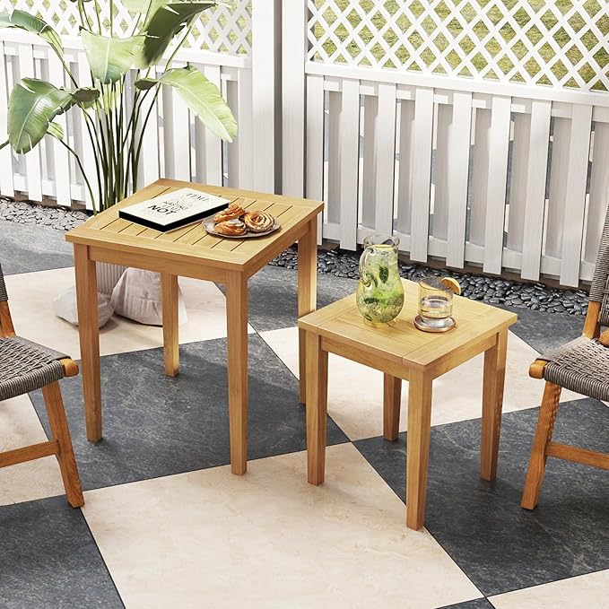 Tangkula 2 Pieces Patio Nesting Table, Teak Wood Outdoor Space Saving Design