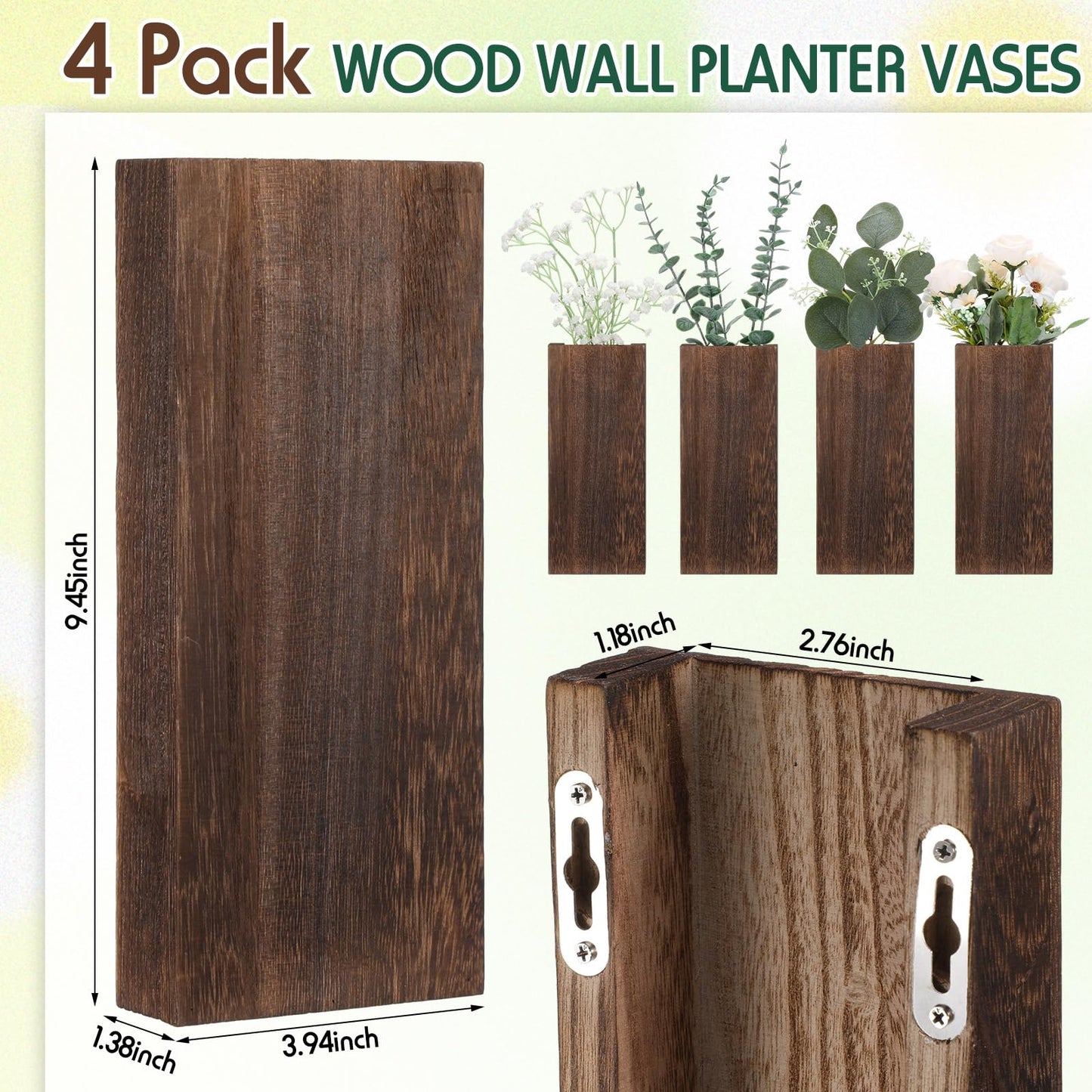 Ziliny 4 Pack Wood Wall Planter for Dried Flowers and Artificial Greenery Indoor Plants Holder, Wood Wall Decor Wooden Pocket Vase Modern Farmhouse Hanging Flowers for Living Room Bedroom Home