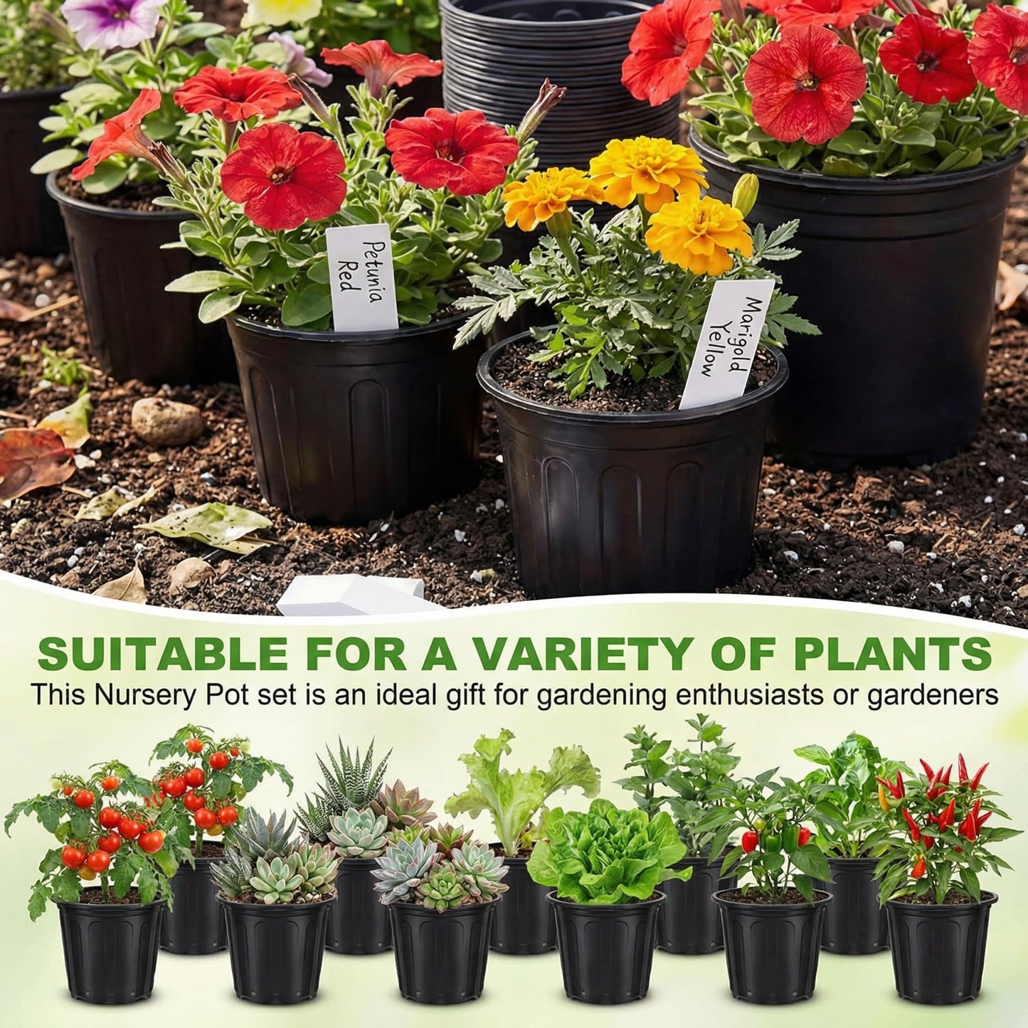 RimCereal 1200 Pcs 1 Gallon Plastic Plants Nursery Pots Bulk with Plant Labels, Thickened Soft Black Seedling Pots with Drainage Holes, Flower Plant Containers with Shovel for Seed Succulents Supply