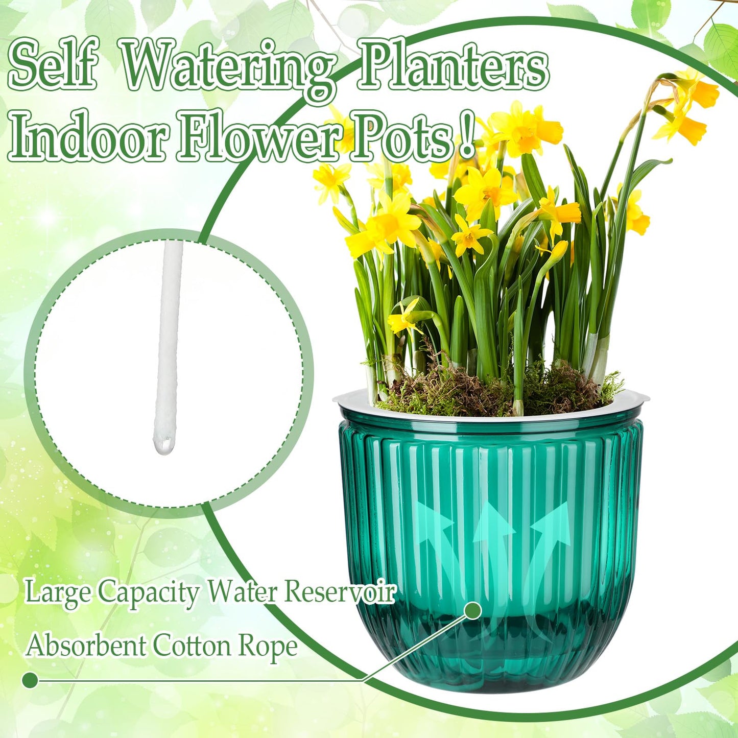 Romooa 3 Pcs Self Watering Pots for Indoor Plants Planters with Drainage Holes 8.3" 6.5" 4.5" Flower Pots Durable Plastic with Wick Rope and Reservoir Emerald Green Clear for Herbs African Violet