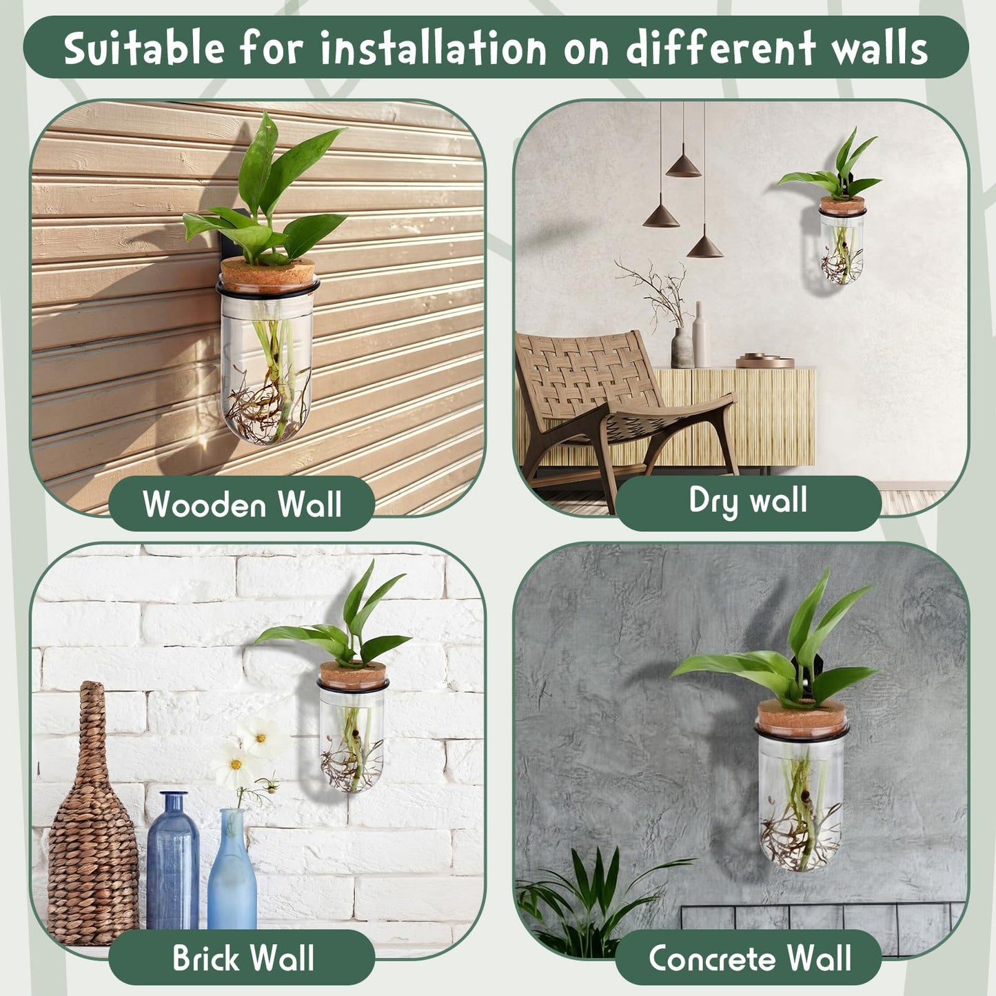 Baderke 6 Set Wall Plant Holder with Plastic Propagation Vases Hanging Planter Wall Mounted Set for Plants Growing in Water Hydroponic Artificial Plants Indoor Decor (2.48" X 4.72",Test Tube)