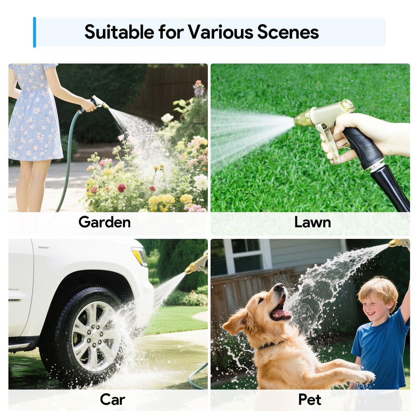 Qxiaozhan Garden Hose Nozzle Heavy Duty, Metal Hose Sprayer Nozzle with High Pressure, Adjustable Spray Patterns, 3/4" Thread, Suit for Lawn Care, Watering Plants, Car, Pet, Outdoor