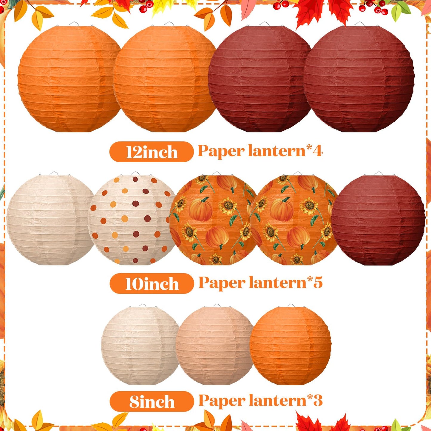 Bencailor 12 Pcs Thanksgiving Paper Lanterns Fall Paper Lanterns Hanging Decorative Round Autumn Decor for Harvest Theme Party Decorations, 8/10/12 Inches (Red,Orange)