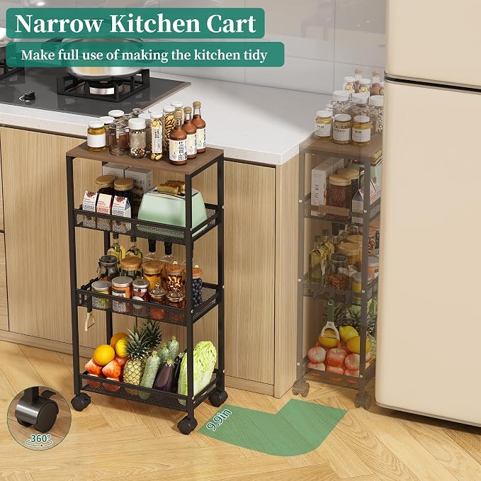 Utility Slim Storage Cart, 4 Tier Rolling Cart with Wheels, Laundry Shelves with Wood Top, Narrow Cabinet for Bathroom Organization, Small Organizer for Kitchen, Office and Dorm (Black, 9.1'')