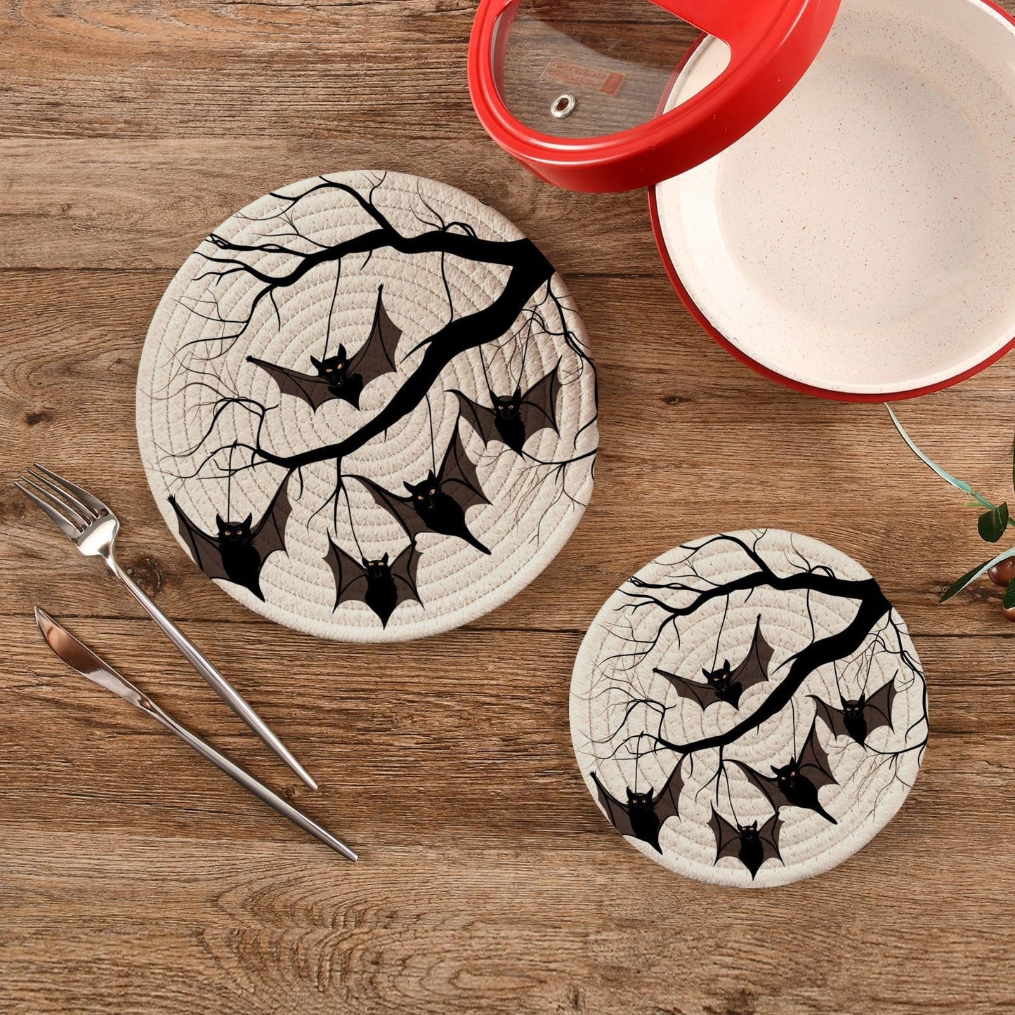 Peystean 2 Pcs Kitchen Decor Woven Potholders Trivets Set, Bats Hanging on Tree Branch Halloween Round Hot Mats Coasters Placemats,for Cooking Baking Hot Dish Pan Pot Bowl Teapot(7"&9")