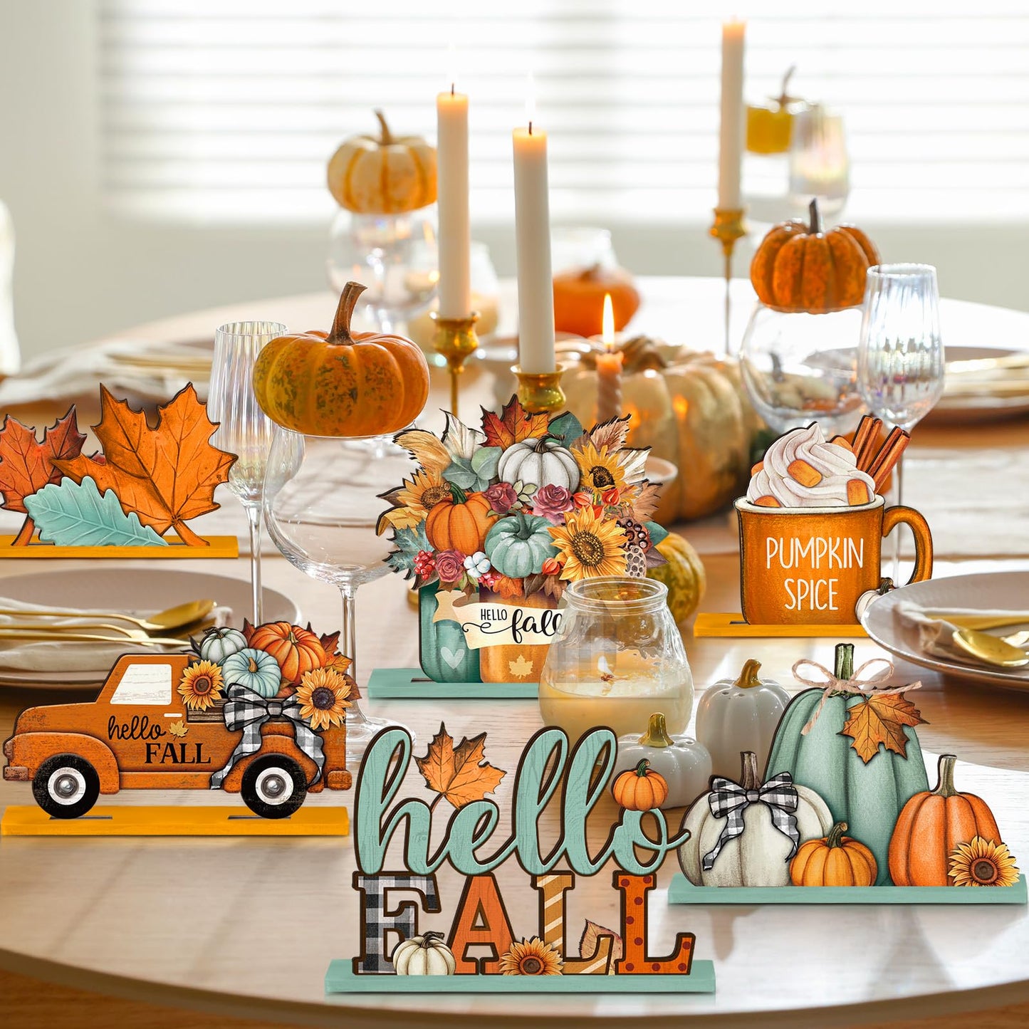 Yousoontic 6 Pcs Fall Decor for Home Fall Thanksgiving Table Decorations Centerpieces Signs Gnomes Pumpkin Truck Tabletop Signs for Autumn Photo Props Harvest Party Decor(Classic,Orange and Blue)
