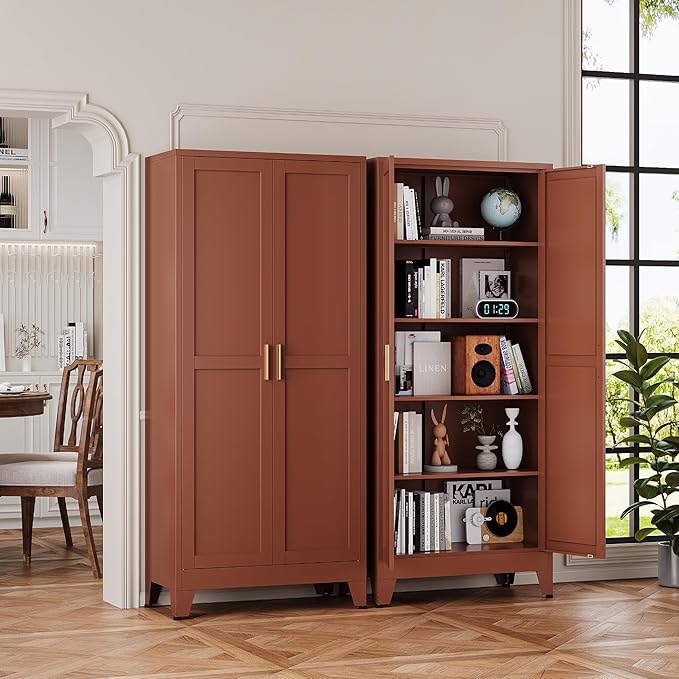 YAUWOH 71''Metal Cabinet with 4 Adjustable Shelves, 5-Tier Pantry Storage