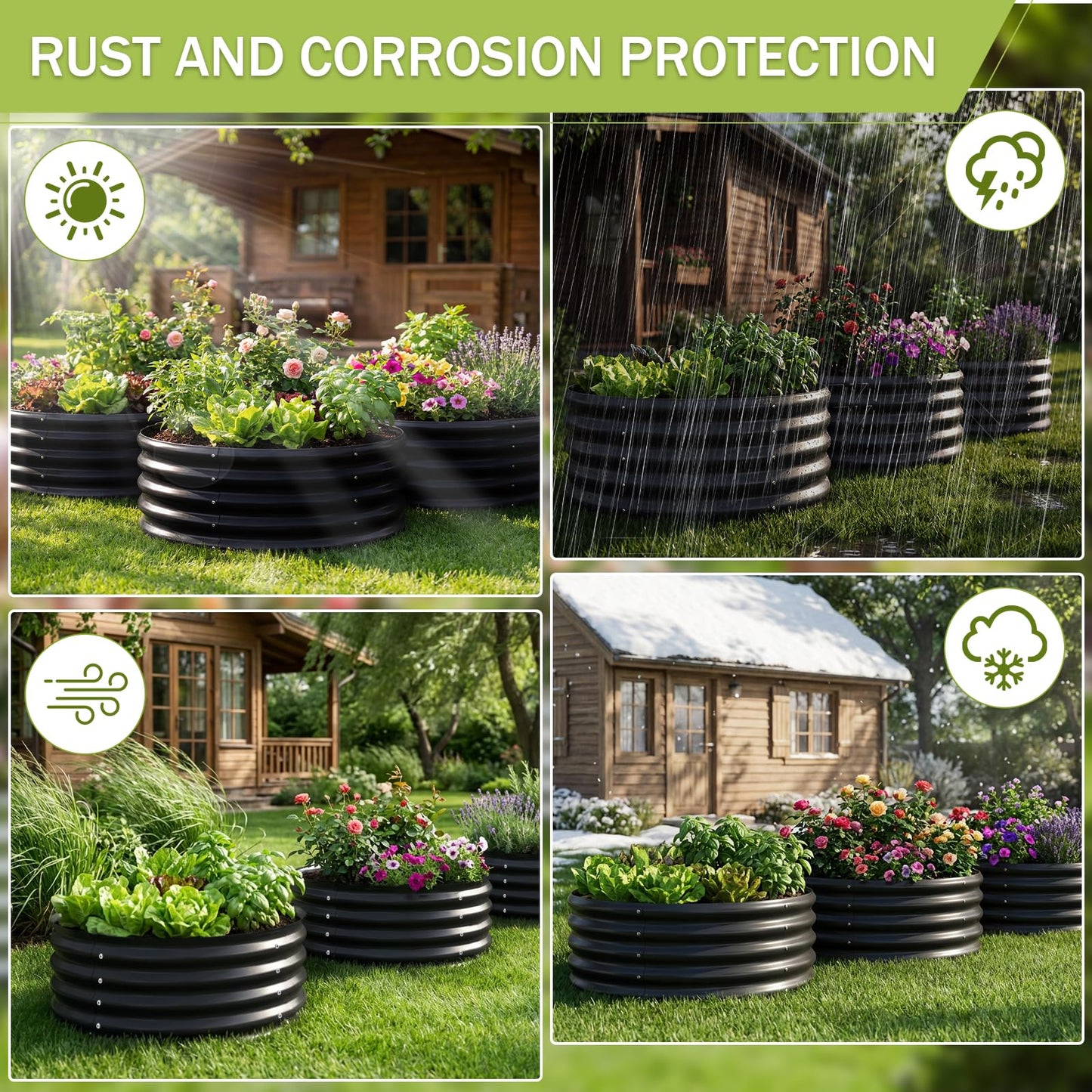AHEONLAR 3 Pack 2x2x1 ft Round Galvanized Raised Garden Bed Kit Round Metal Flower Box Large Planter Raised Beds Outdoor Garden for Planting,Fruit,Herb Black