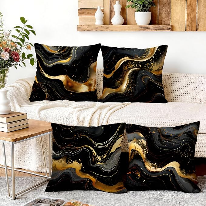 OBSEDE Abstract Black Gold Marble Decorative Throw Pillow Covers 18 × 18 in