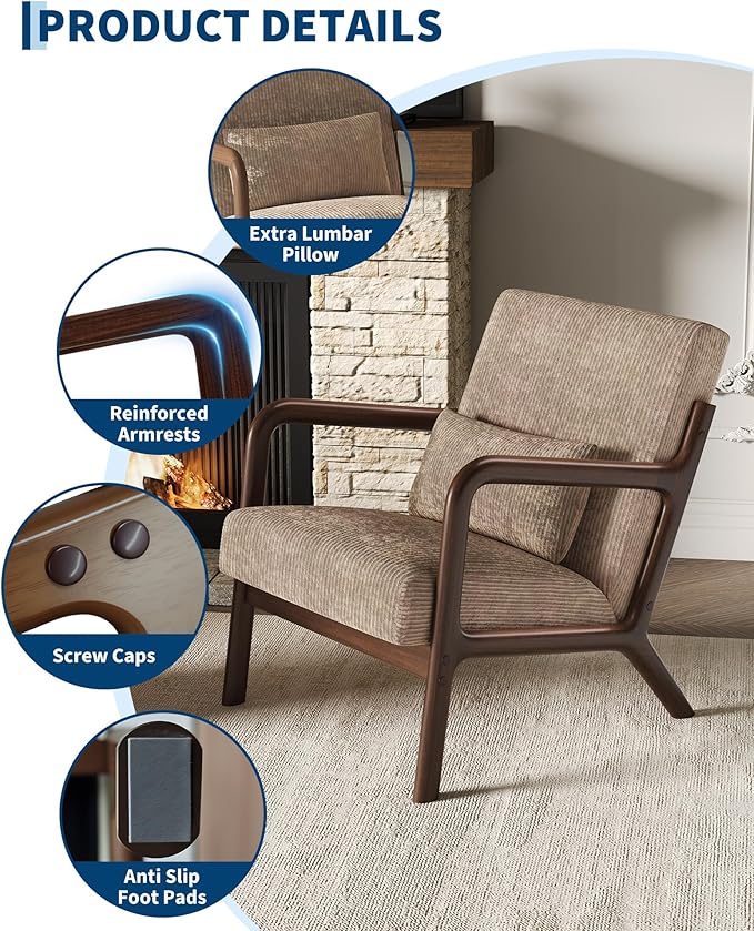 Garvee Mid-Century Modern Accent Chair, Wide-Wale Corduroy Upholstery, Solid