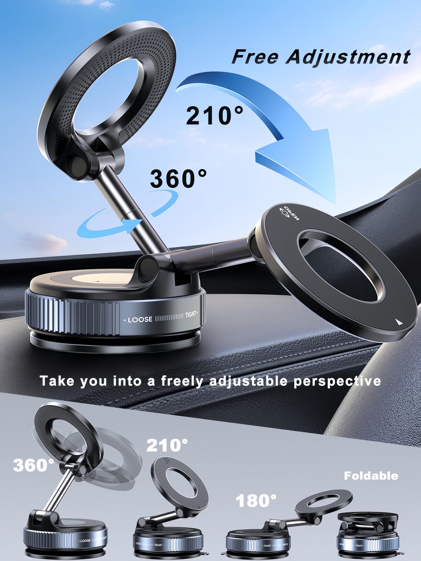 snanlen Upgraded 360° Nano Gel Vacuum Magnetic Phone Holder, 108+LBS Heavy Duty Suction Cup Phone Mount for Car Dashboard & Windshield, 3000gf MagSafe Compatible with iPhone 17/16 Pro Max