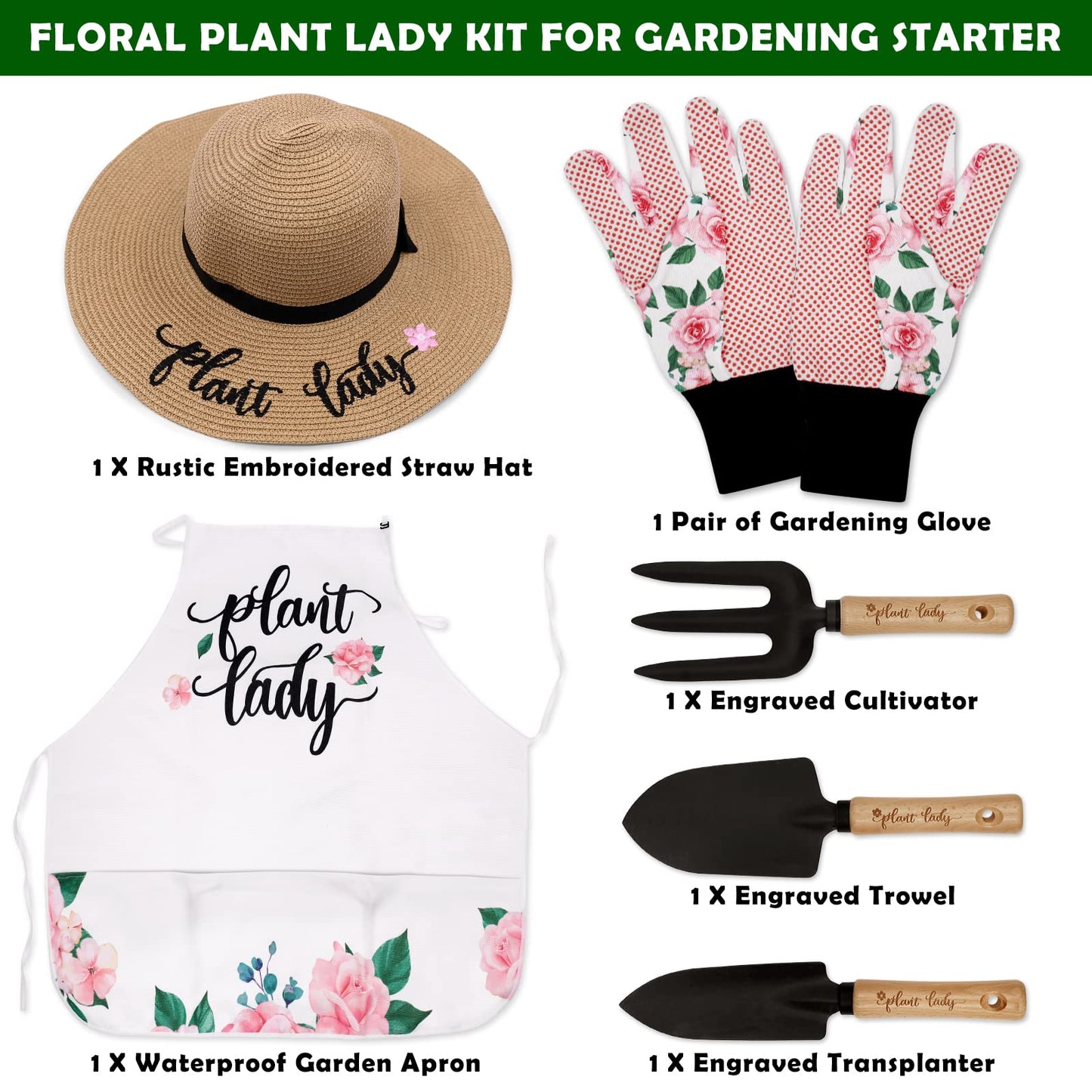 Percozzi Plant Lady Gardening Tool Gifts for Mom Gardening Tools Kit Planting Tools Straw Hat Floral Apron Glove for Her Mother Spring Grandmother Plant Lover Gift Horticulture Starter