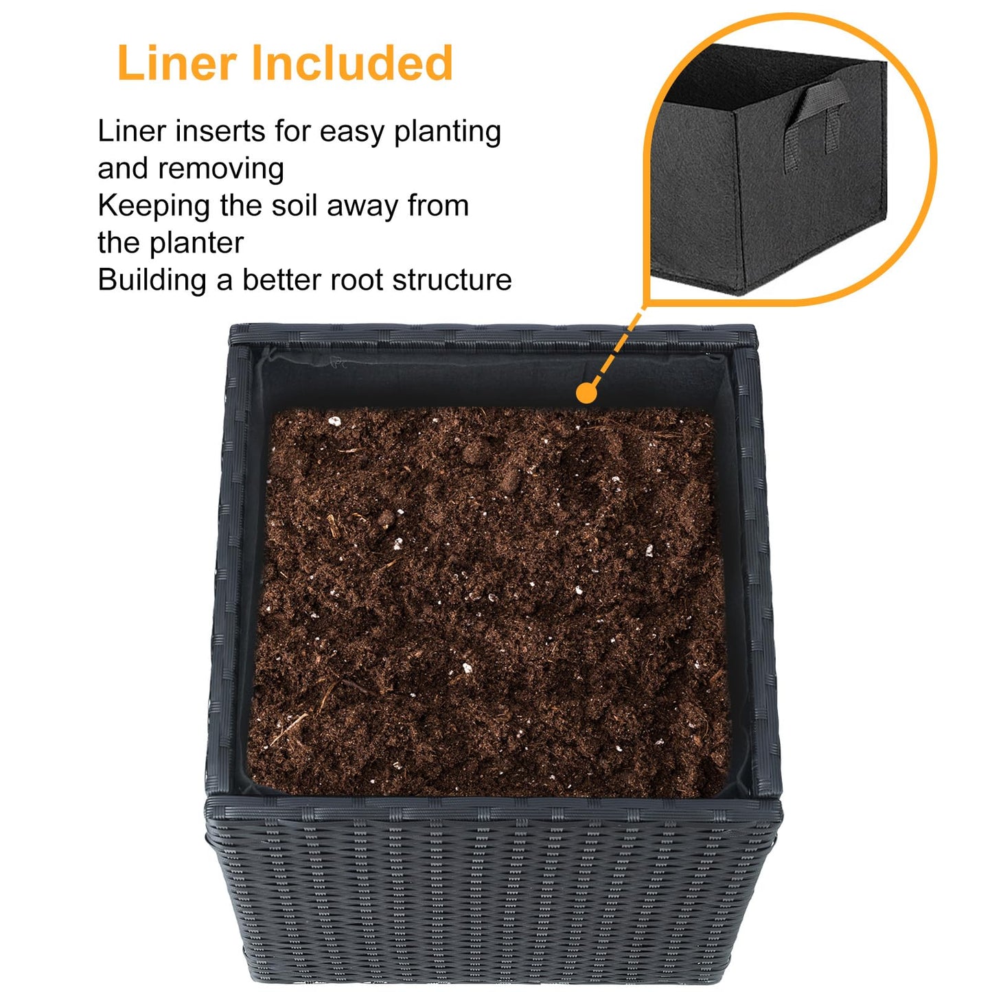 SUNNYPARK Black Square Planter Box All-Weather PE Rattan Large Modern Planters with Removable Liner Indoor Outdoor Decorative Flower Pot for Patio, Balcony, Garden